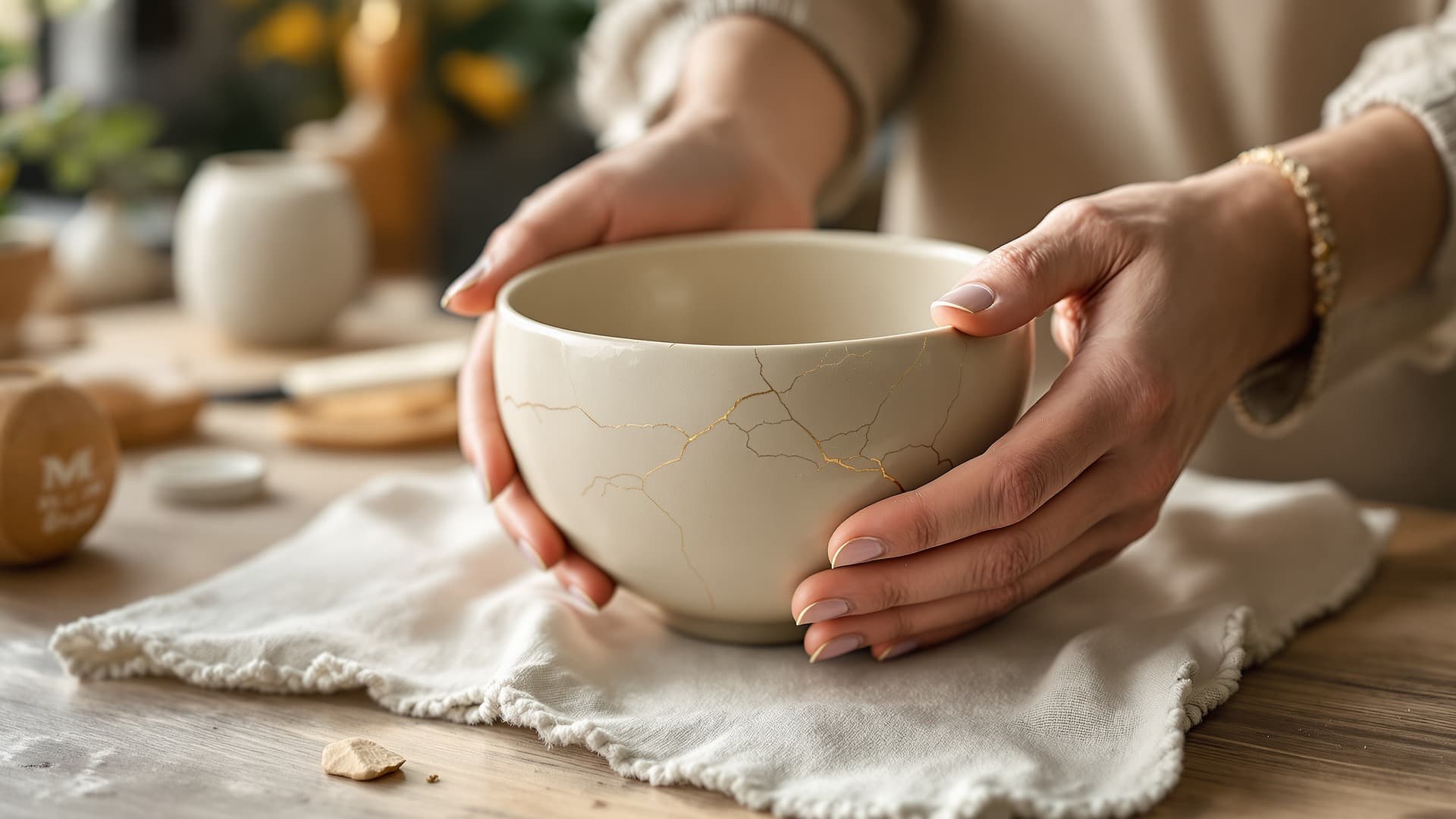 Hands holding a ceramic bowl repaired with gold-accented kintsugi seams